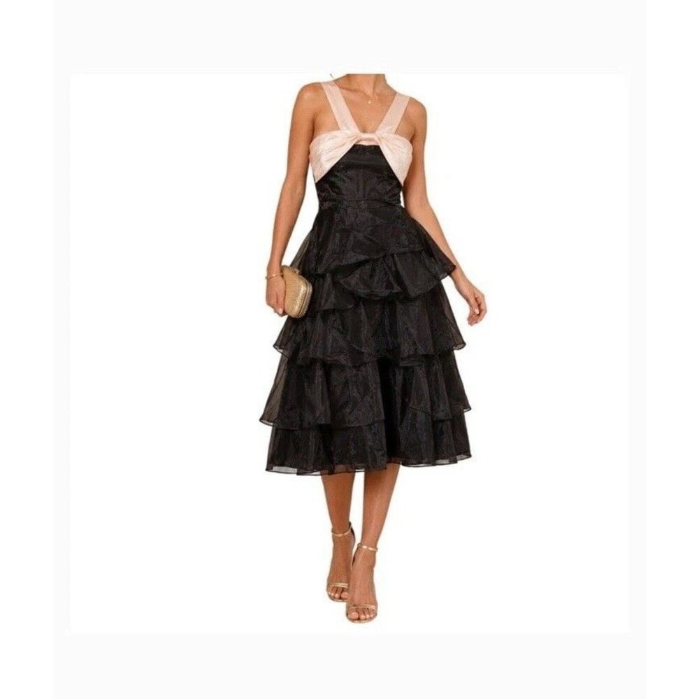 Lulus Black Tiered Organza Midi Dress Cream Bow Wedding Guest Large New